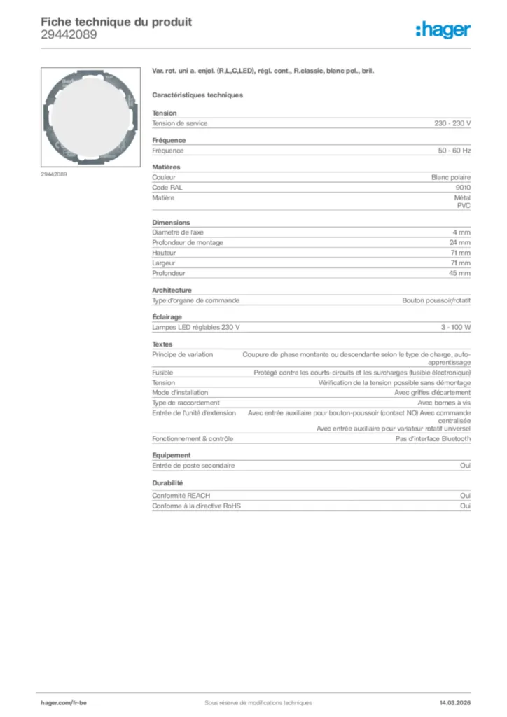 Image Hager Fiche technique du produit 29442089 | Hager Belgique