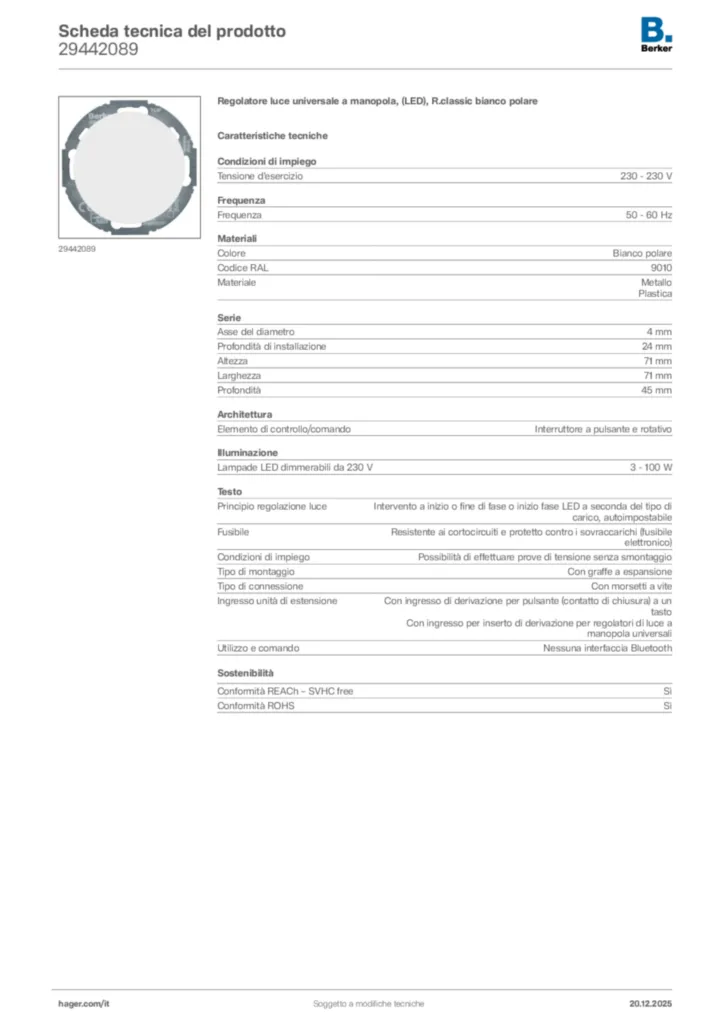 Immagine Berker Scheda tecnica del prodotto 29442089 | Hager Italia