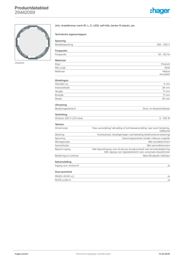 Afbeelding Hager Productdatablad 29442089 | Hager Nederland