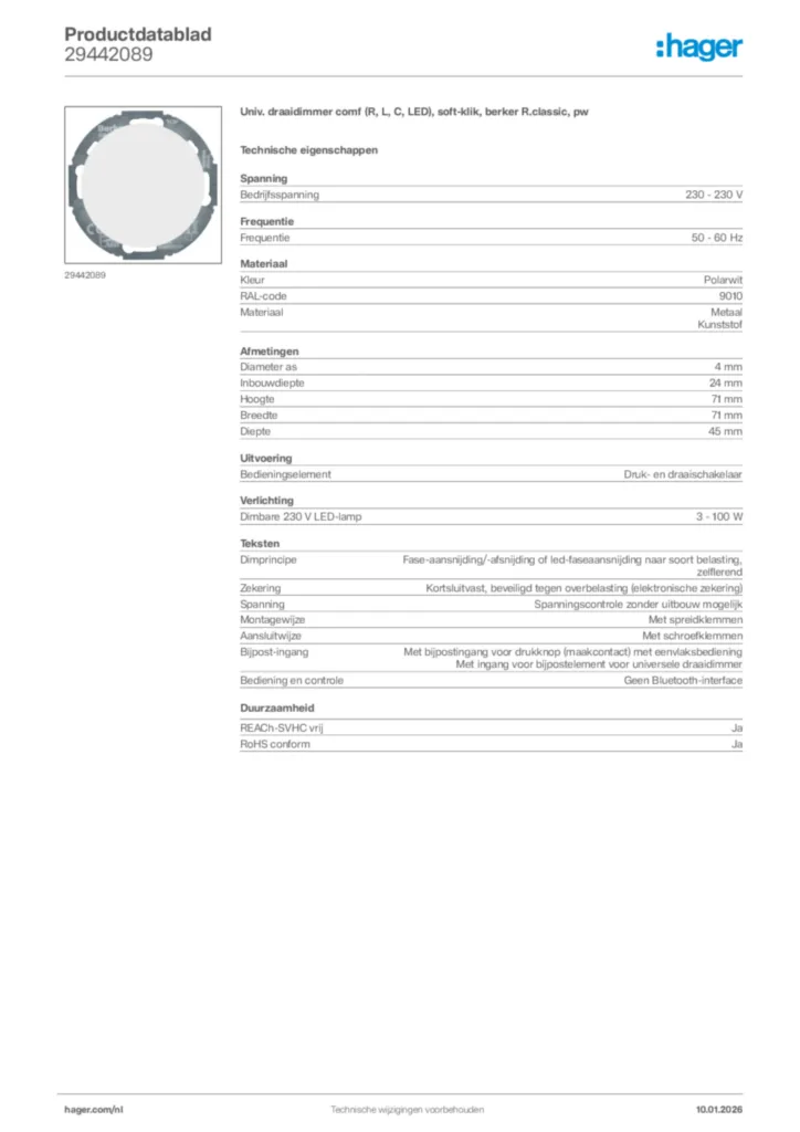 Afbeelding Hager Productdatablad 29442089 | Hager Nederland
