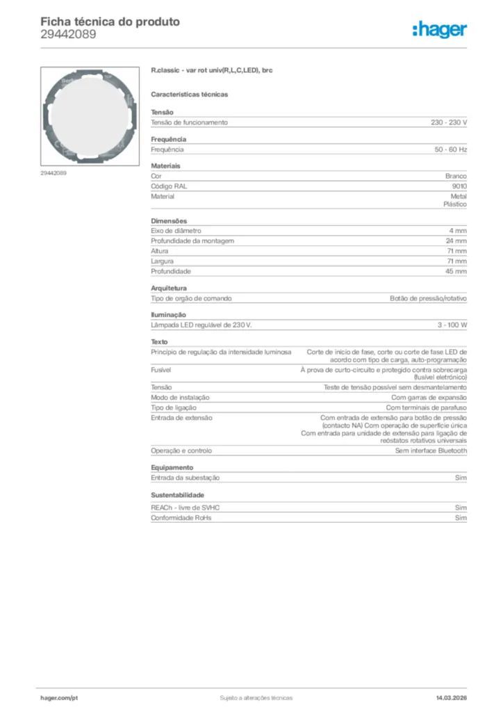 Imagem Hager Ficha técnica do produto 29442089 | Hager Portugal