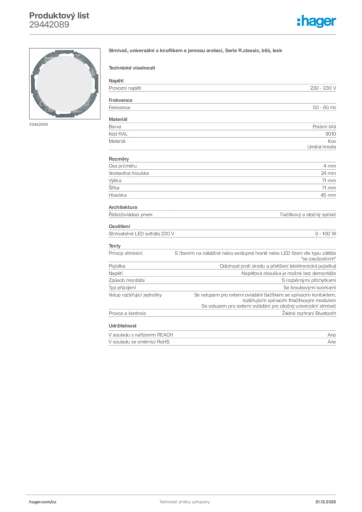 Obrázek Hager Produktový list 29442089 | Hager