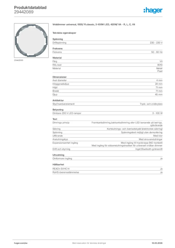 Bild Hager Produktdatablad 29442089 | Hager Sverige