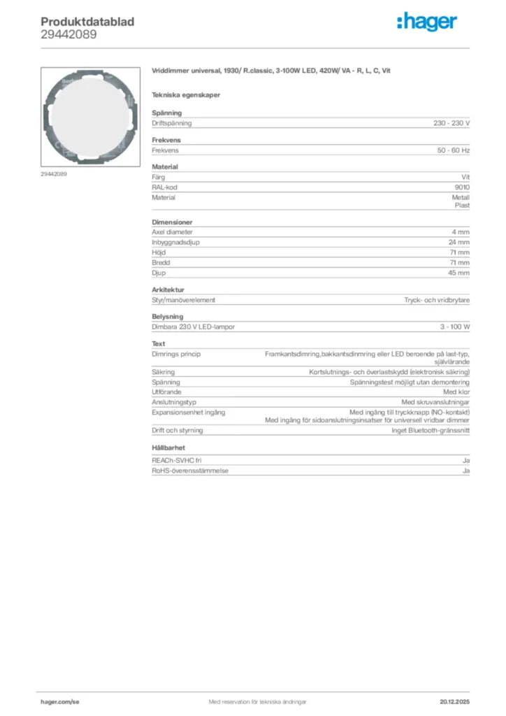 Bild Hager Produktdatablad 29442089 | Hager Sverige