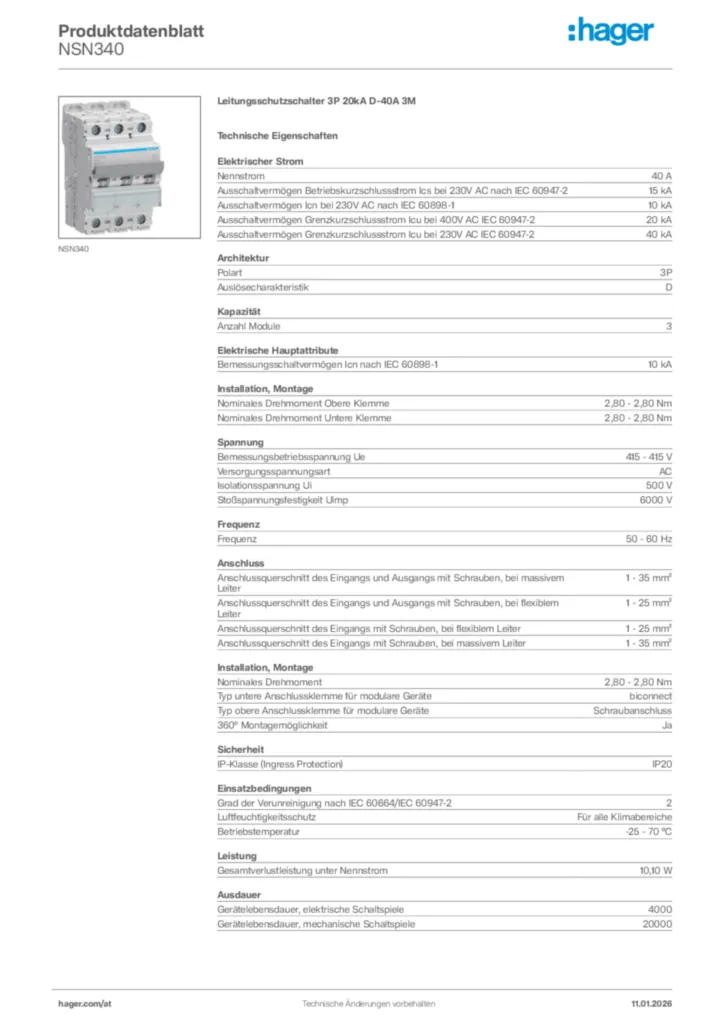 Bild Hager Produktdatenblatt NSN340 | Hager Deutschland