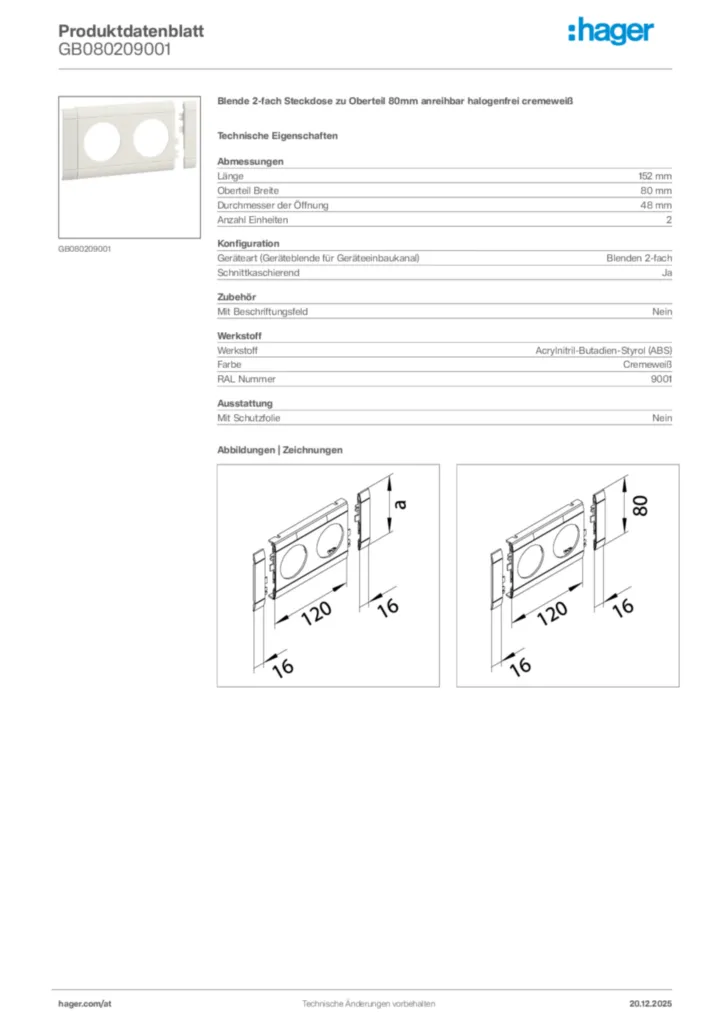 Bild Hager Produktdatenblatt GB080209001 | Hager Deutschland