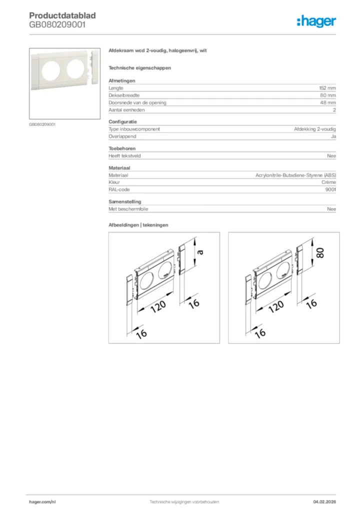 Afbeelding Hager Productdatablad GB080209001 | Hager Nederland