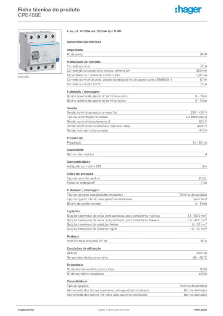 Imagem Hager Ficha técnica do produto CPB480E | Hager Portugal