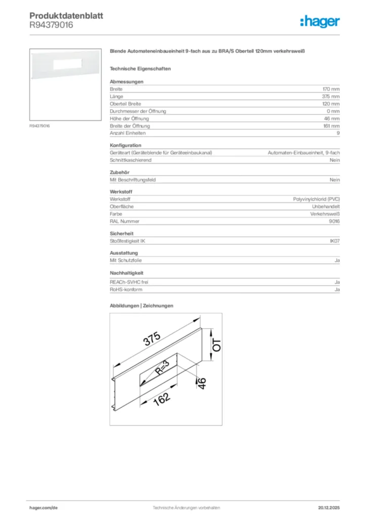 Bild Hager Produktdatenblatt R94379016 | Hager Deutschland