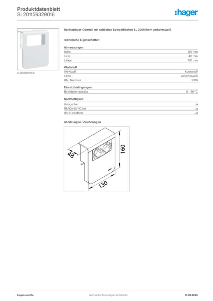 Bild Hager Produktdatenblatt SL201159329016 | Hager Deutschland