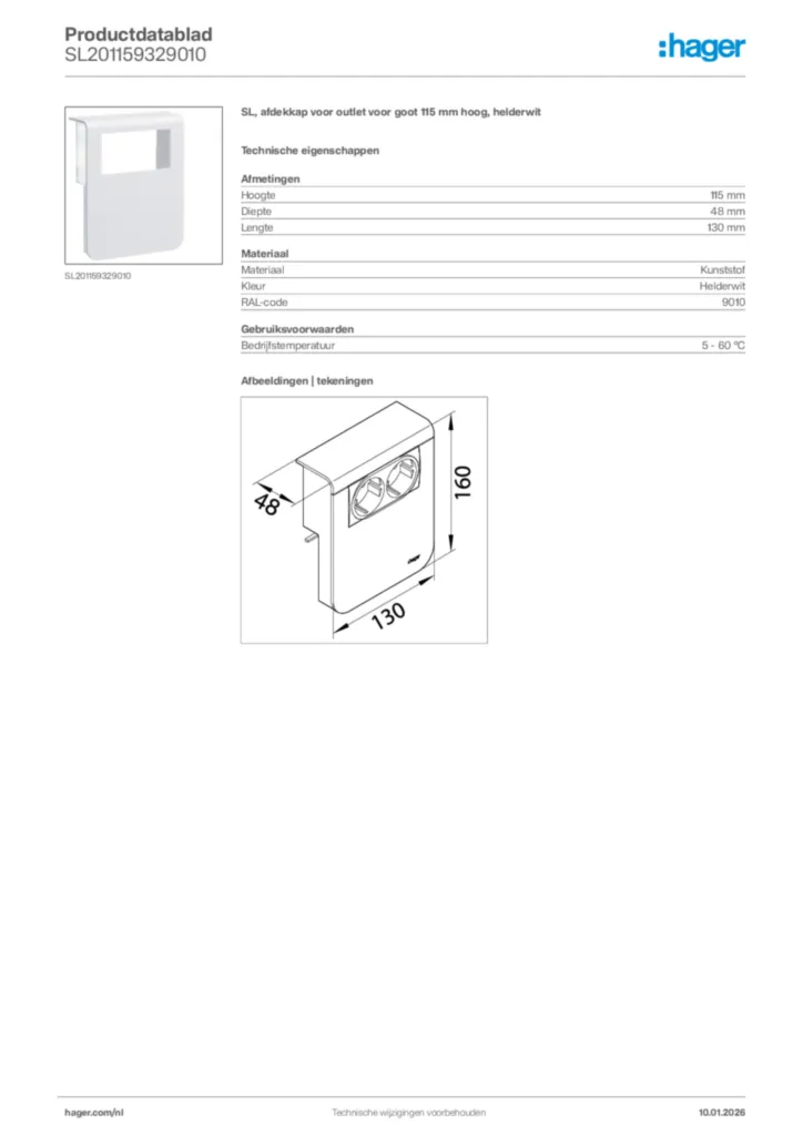 Afbeelding Hager Productdatablad SL201159329010 | Hager Nederland
