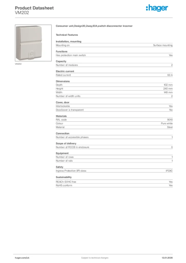 Image Hager Product data sheet VM202  | Hager