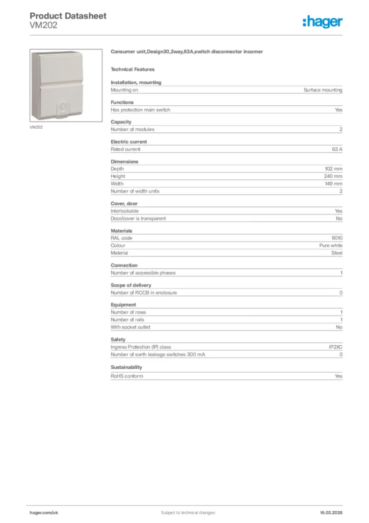 Image Hager Product data sheet VM202  | Hager