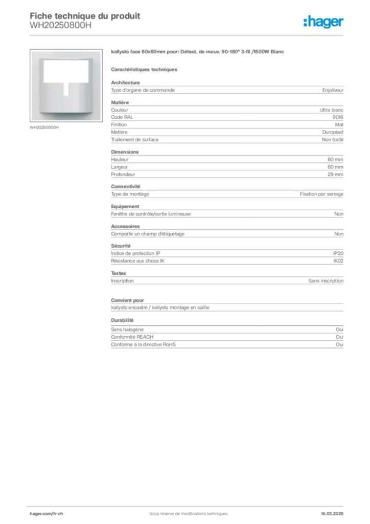 Image Hager Fiche technique du produit WH20250800H | Hager Suisse