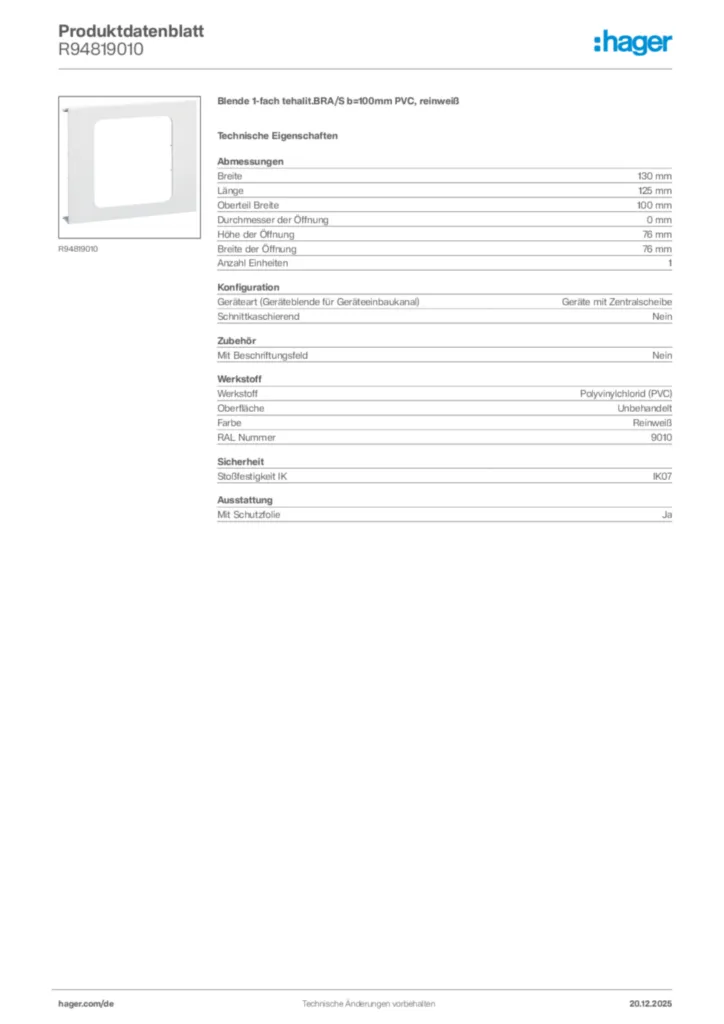 Bild Hager Produktdatenblatt R94819010 | Hager Deutschland