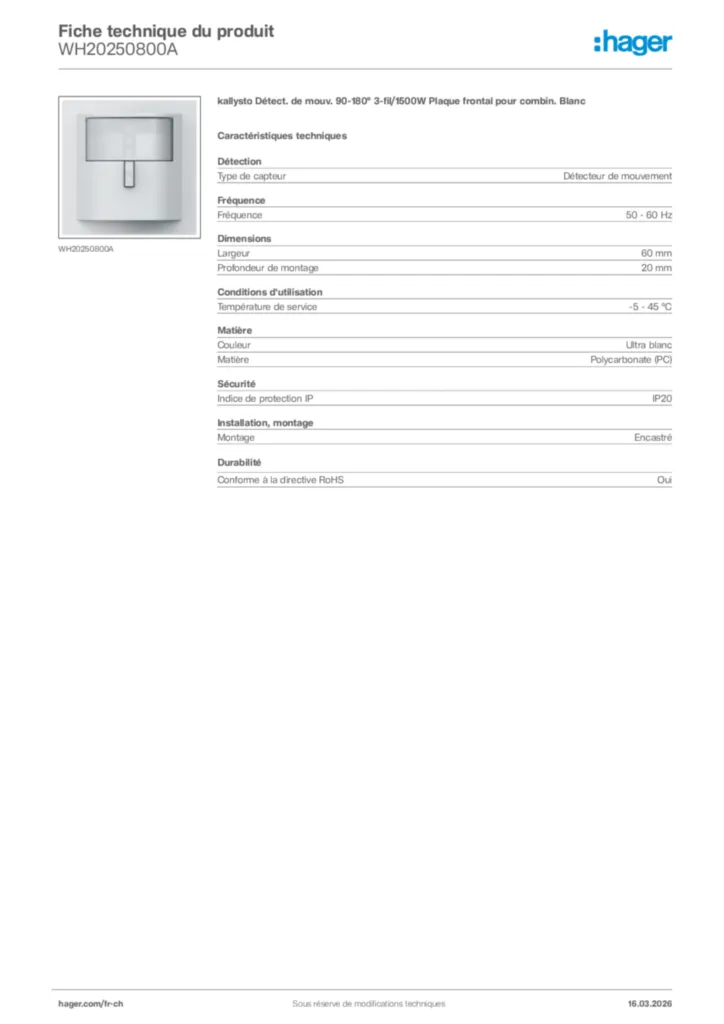 Image Hager Fiche technique du produit WH20250800A | Hager Suisse