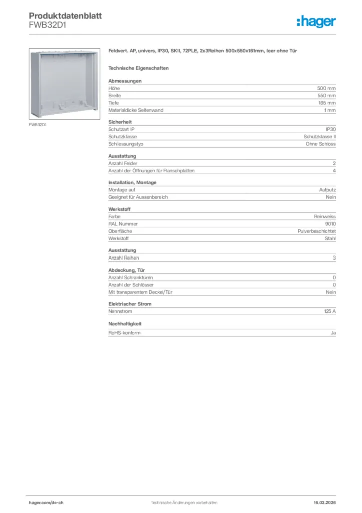 Bild Hager Produktdatenblatt FWB32D1 | Hager Schweiz