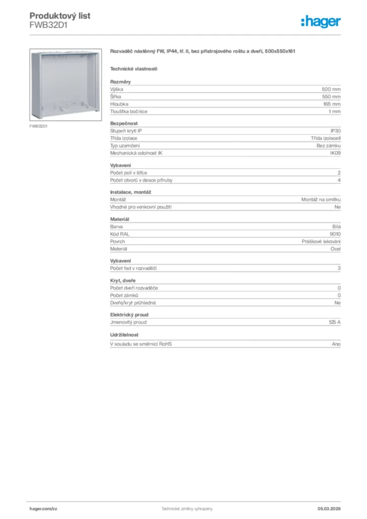 Obrázek Hager Product data sheet FWB32D1 | Hager
