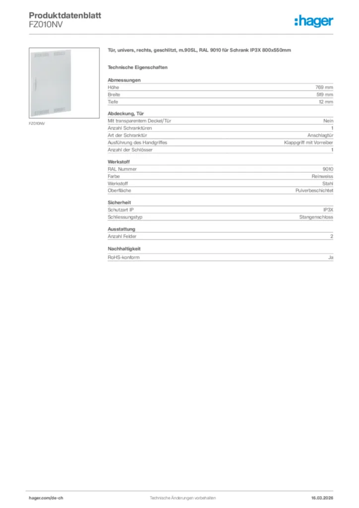 Bild Hager Produktdatenblatt FZ010NV | Hager Schweiz