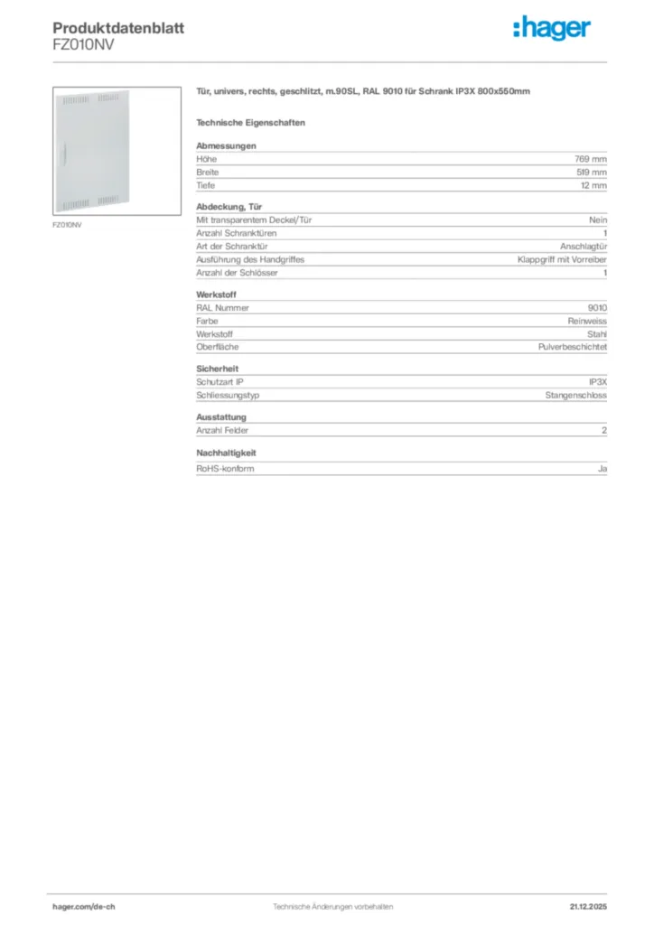 Bild Hager Produktdatenblatt FZ010NV | Hager Schweiz