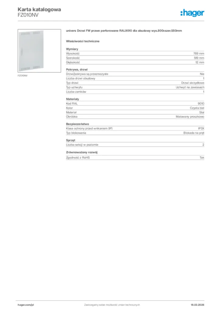 Zdjęcie Hager Karta katalogowa FZ010NV | Hager Polska