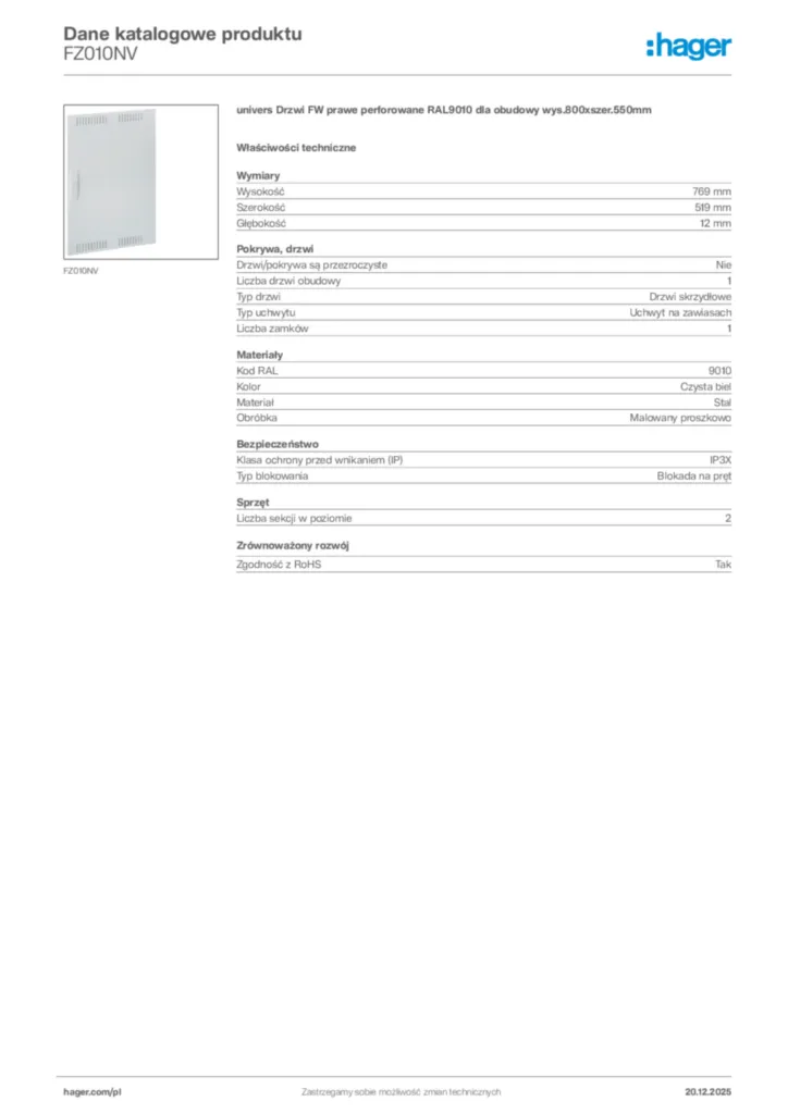 Zdjęcie Hager Dane katalogowe produktu FZ010NV | Hager Polska