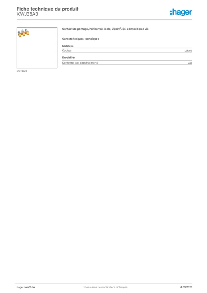 Image Hager Fiche technique du produit KWJ35A3 | Hager Belgique
