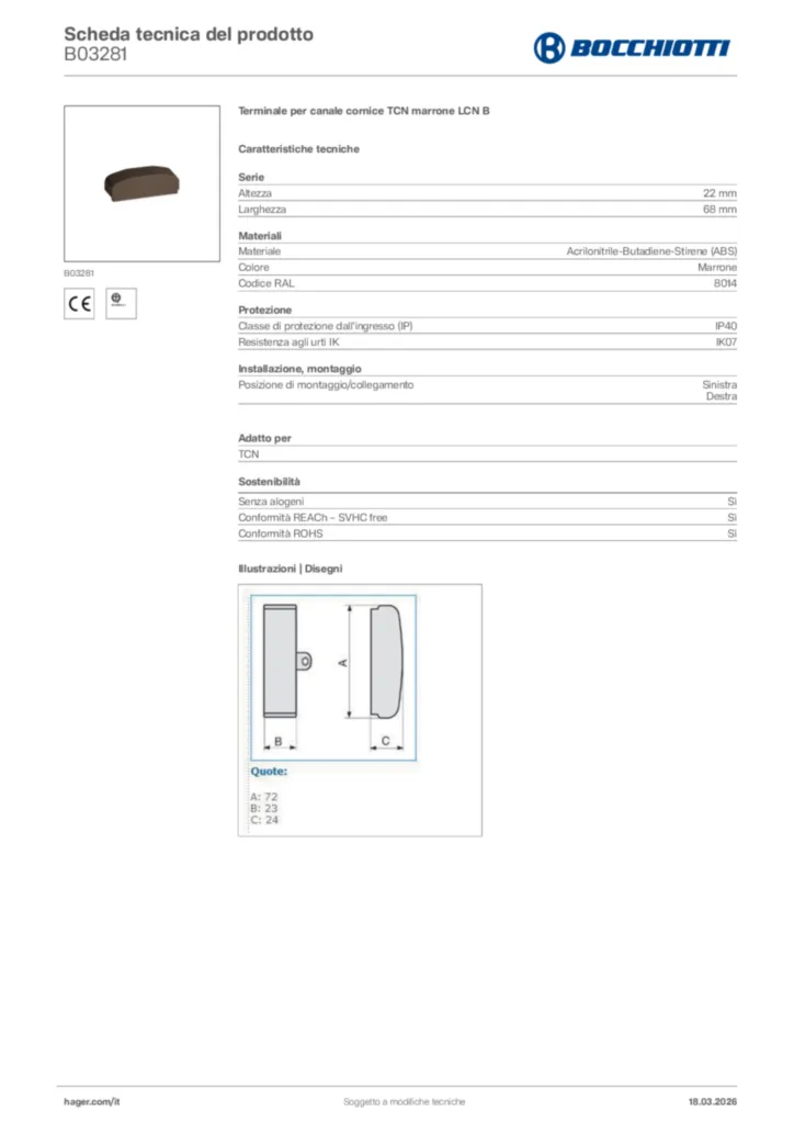 Immagine Bocchiotti Scheda tecnica del prodotto B03281 | Hager Italia