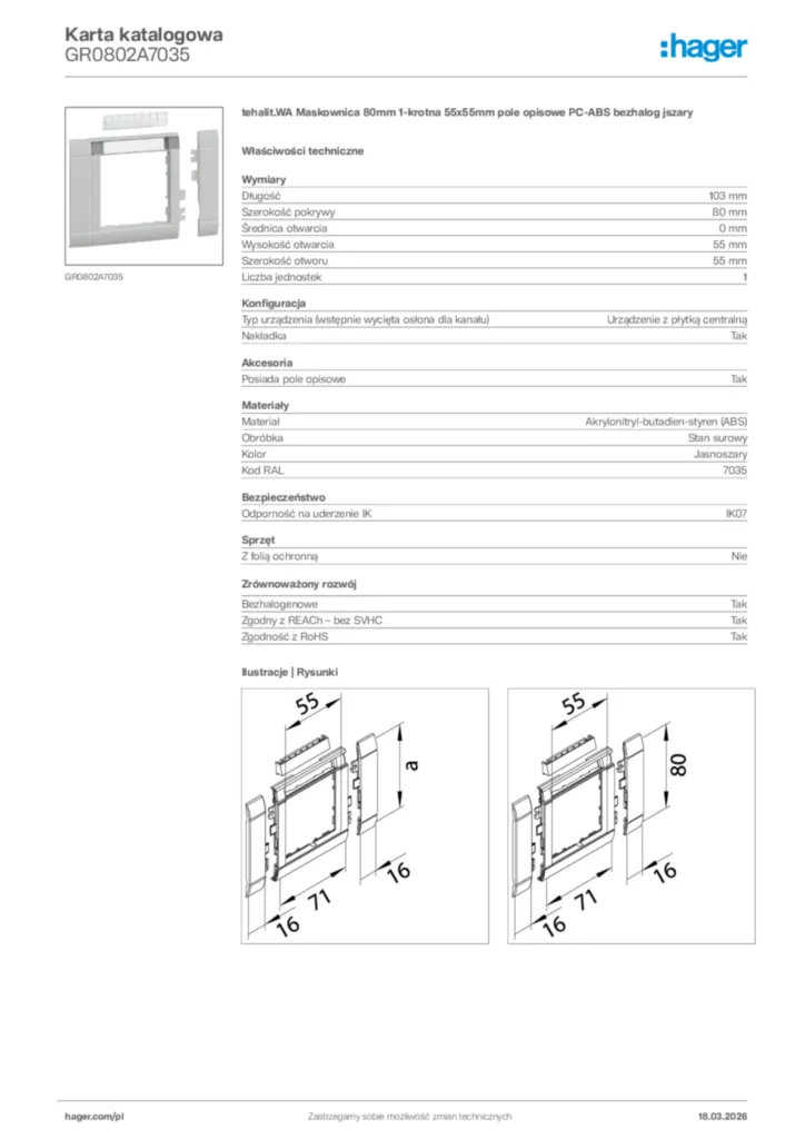 Zdjęcie Hager Karta katalogowa GR0802A7035 | Hager Polska