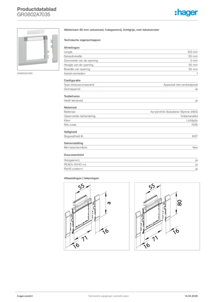 Afbeelding Hager Productdatablad GR0802A7035 | Hager Nederland
