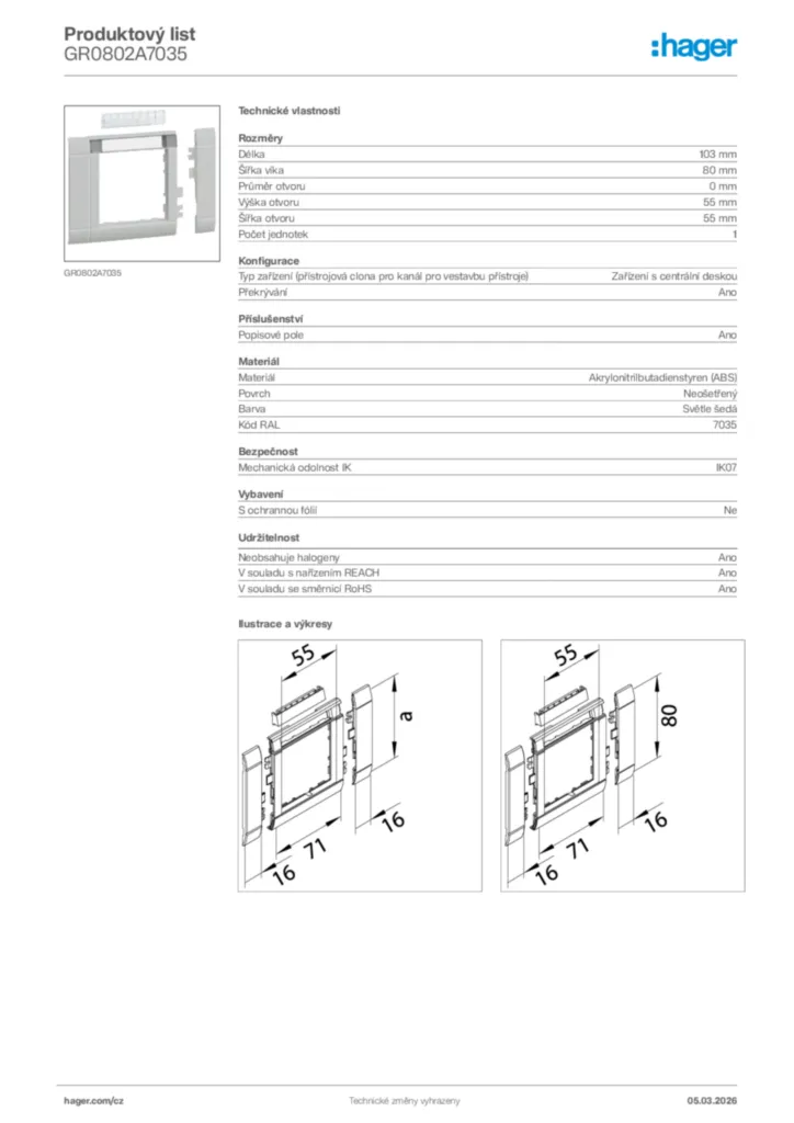 Obrázek Hager Product data sheet GR0802A7035 | Hager