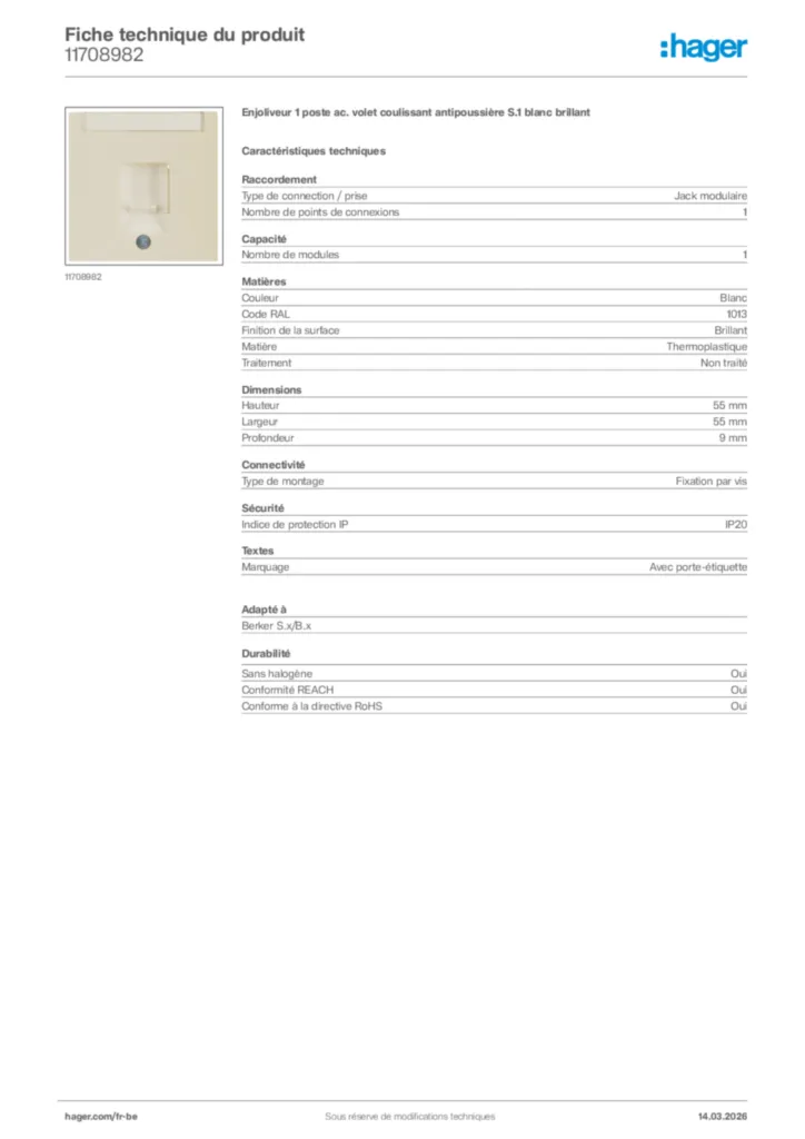 Image Hager Fiche technique du produit 11708982 | Hager Belgique