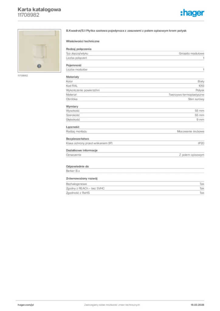 Zdjęcie Hager Karta katalogowa 11708982 | Hager Polska