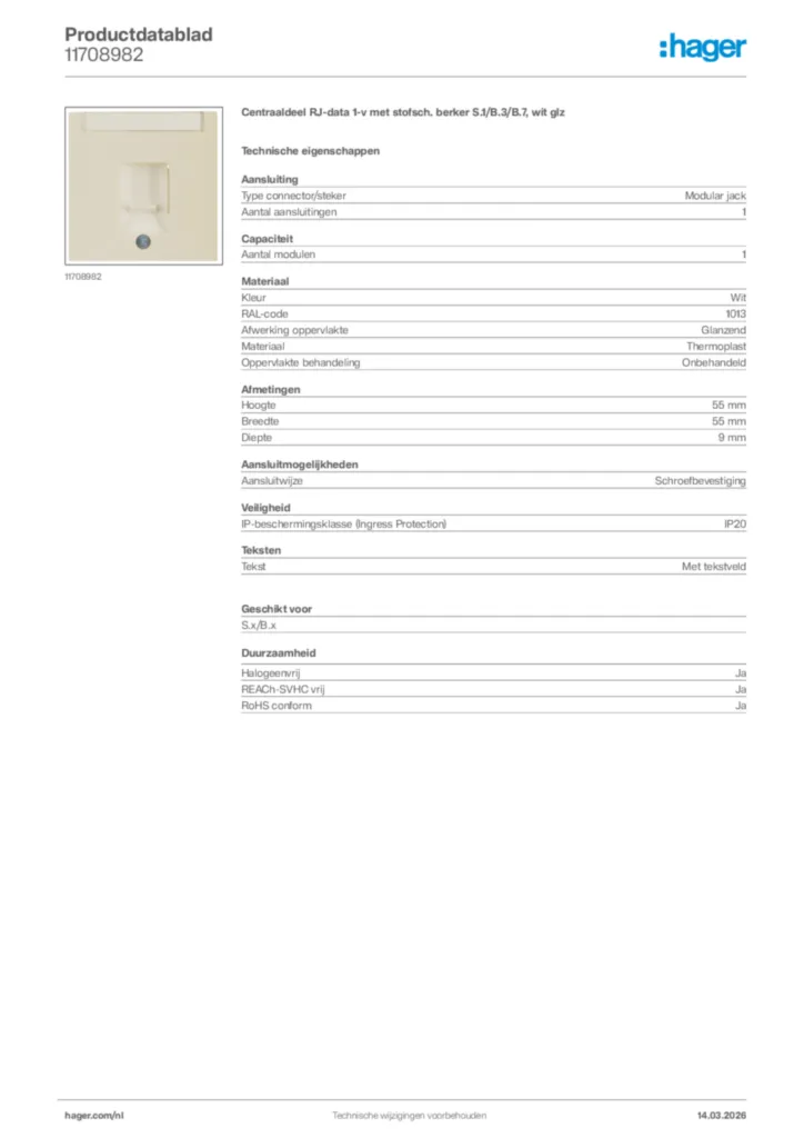 Afbeelding Hager Productdatablad 11708982 | Hager Nederland