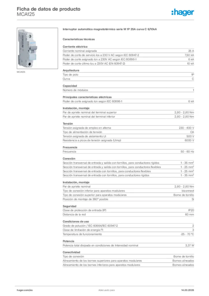 Imagen Hager Ficha de datos de producto MCA125 | Hager España