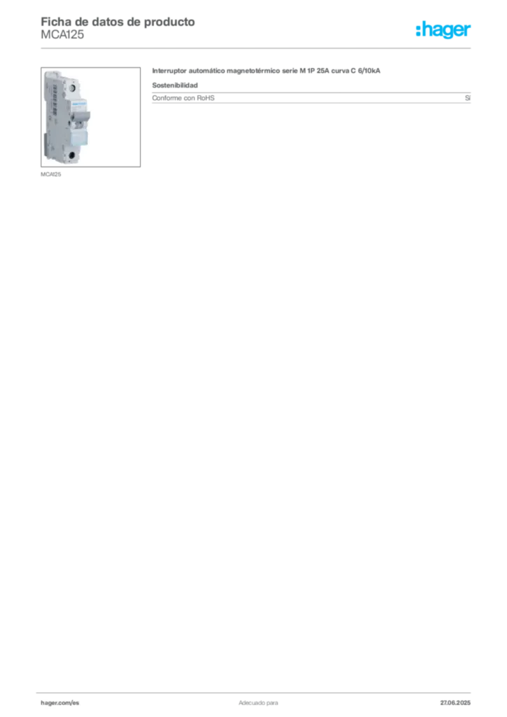 Imagen Hager Ficha de datos de producto MCA125 | Hager España