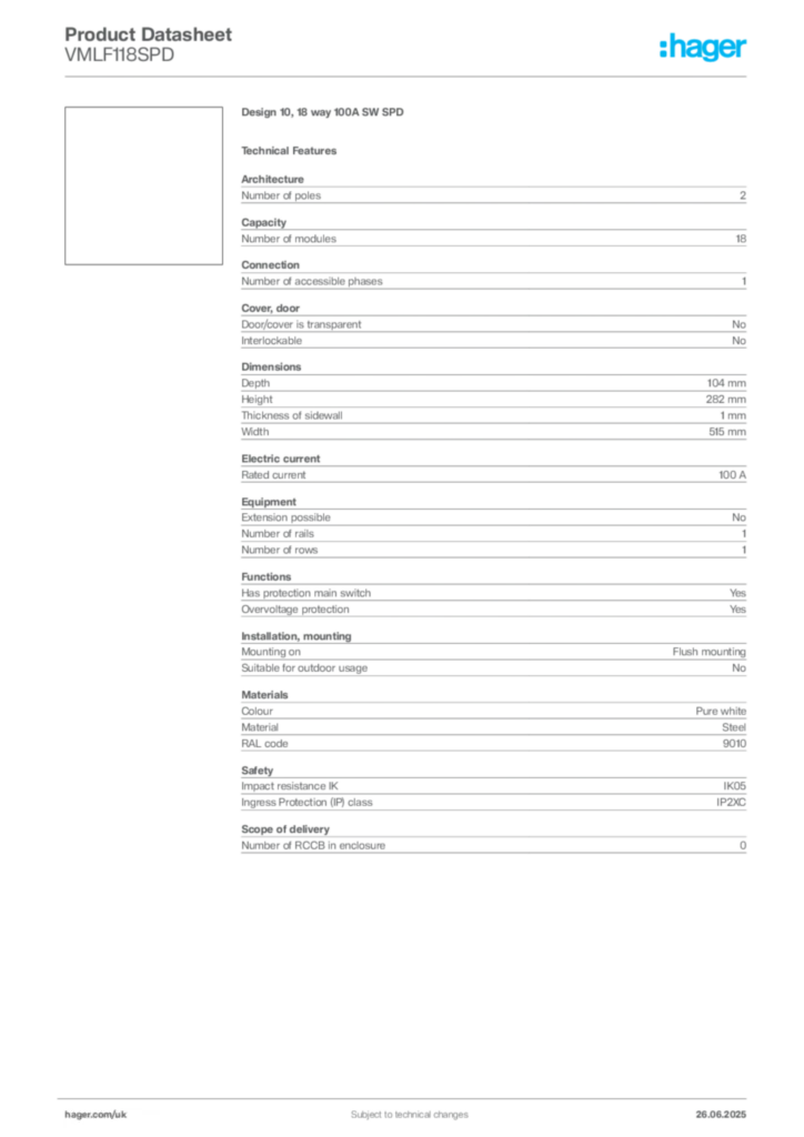 Image Hager Product data sheet VMLF118SPD  | Hager