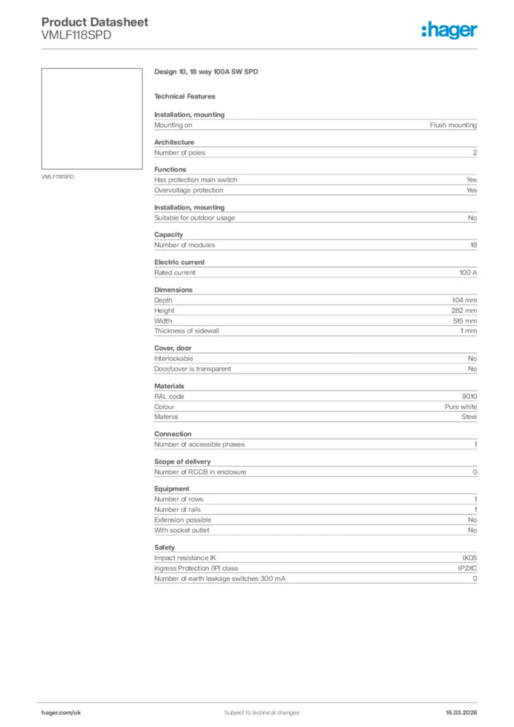 Image Hager Product data sheet VMLF118SPD  | Hager