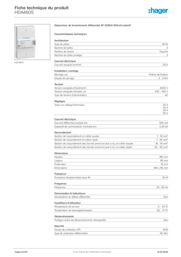 Image Hager Fiche technique du produit HDA460S | Hager France