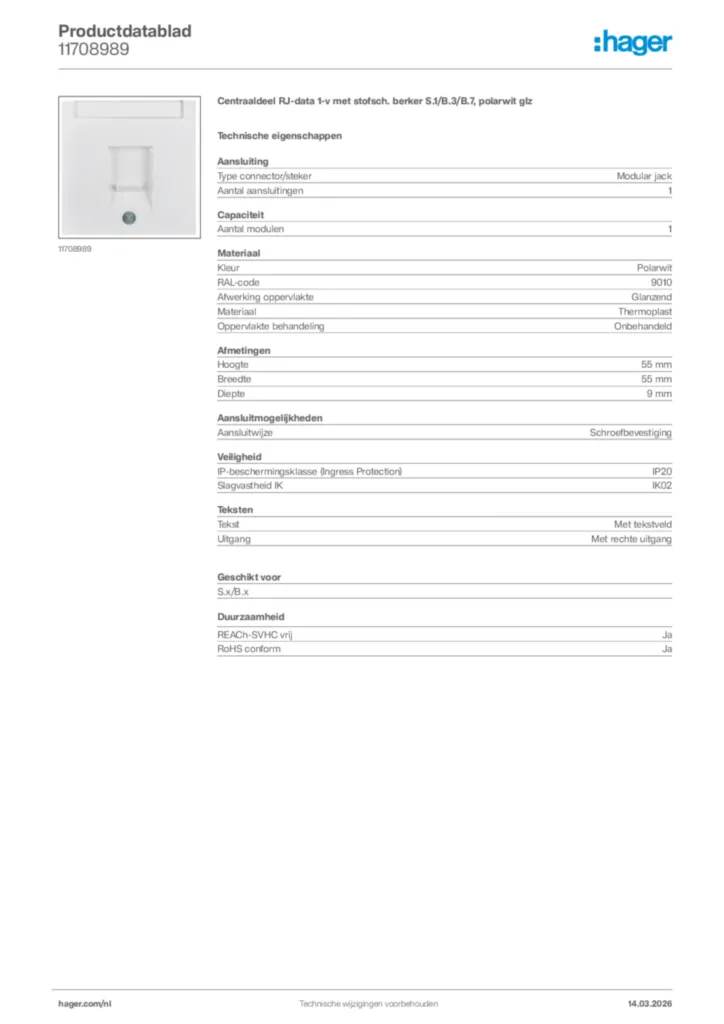 Afbeelding Hager Productdatablad 11708989 | Hager Nederland
