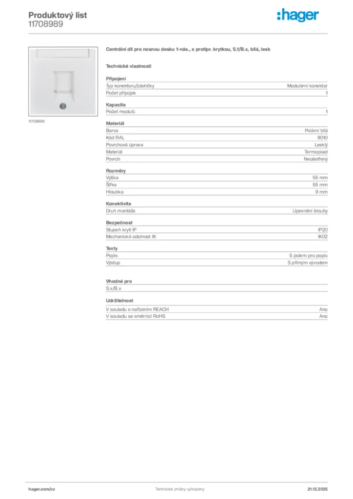 Obrázek Hager Produktový list 11708989 | Hager