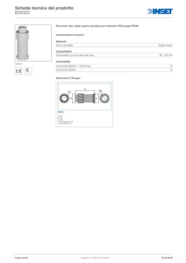Immagine Inset Scheda tecnica del prodotto B13023 | Hager Italia
