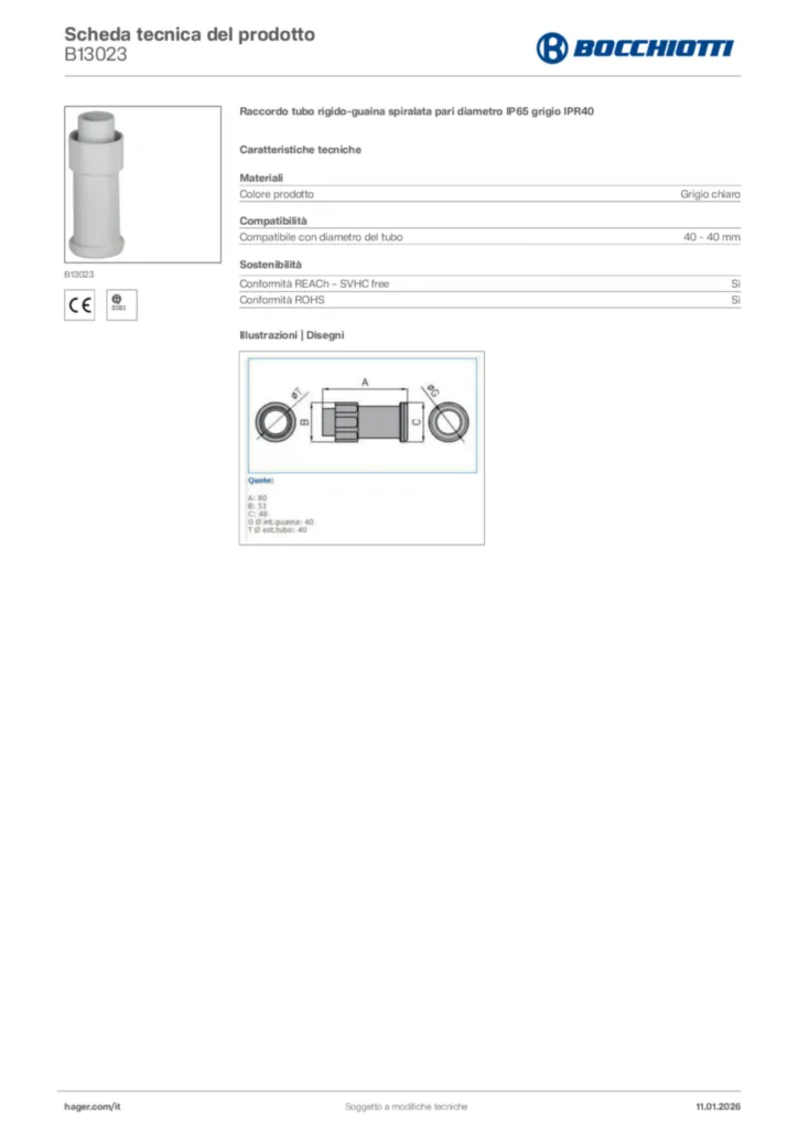 Immagine Bocchiotti Scheda tecnica del prodotto B13023 | Hager Italia