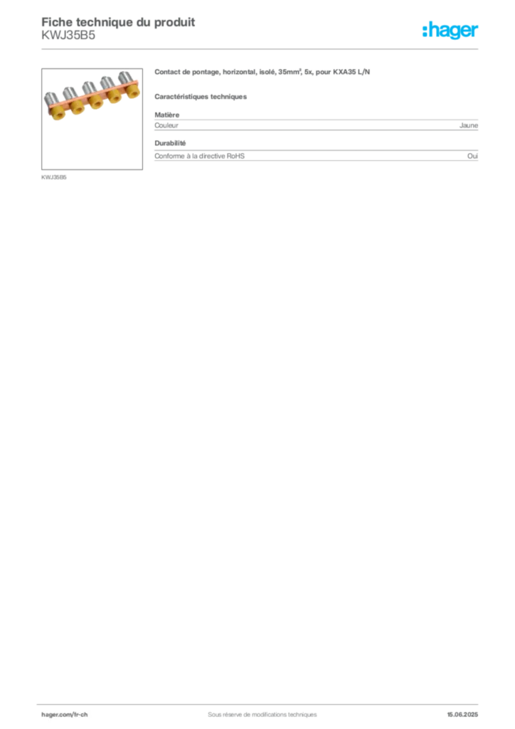 Image Hager Fiche technique du produit KWJ35B5 | Hager Suisse