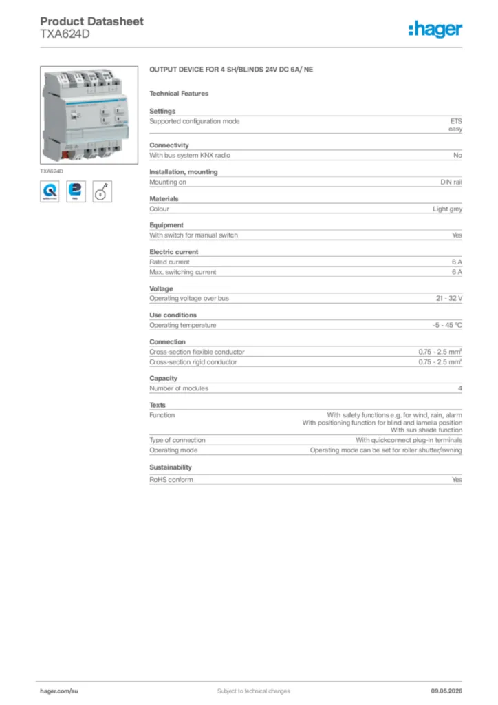 Image Hager Product data sheet TXA624D  | Hager Australia