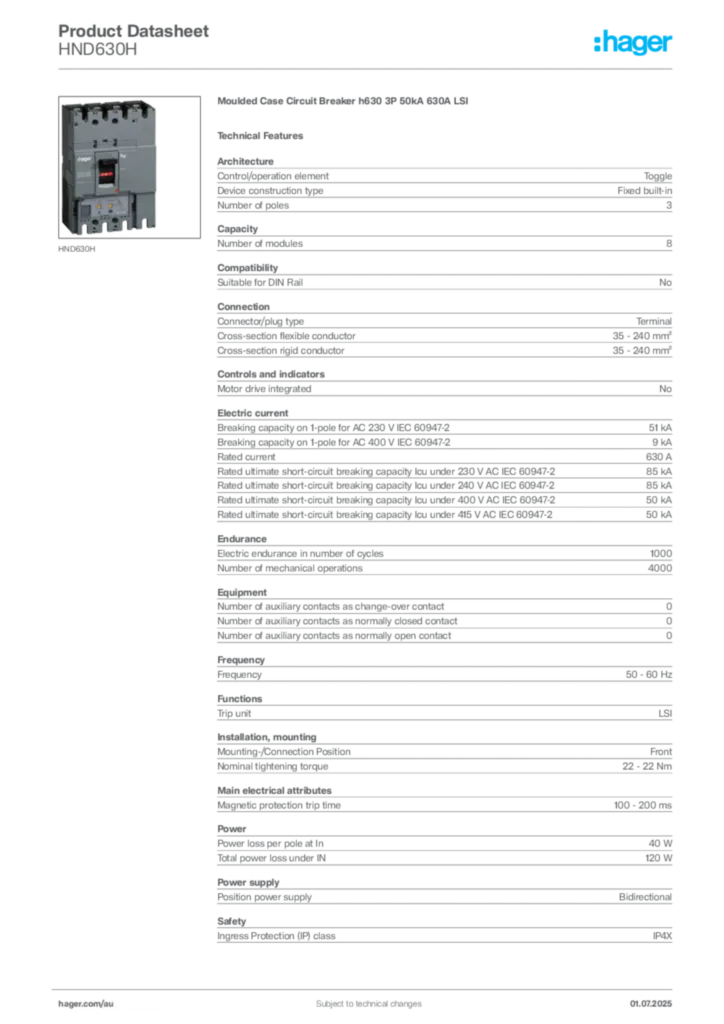 Image Hager Product data sheet HND630H  | Hager Australia