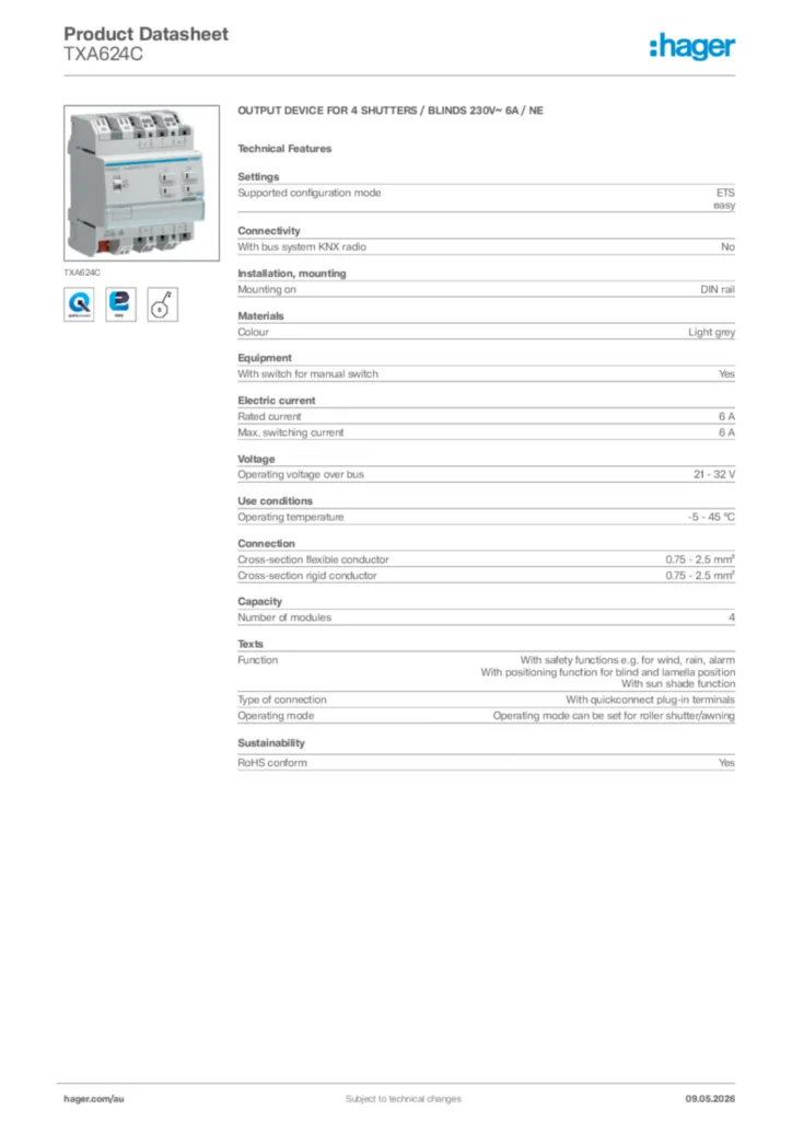 Image Hager Product data sheet TXA624C  | Hager Australia