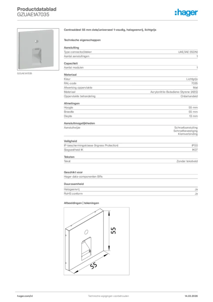 Afbeelding Hager Productdatablad GZUAE1A7035 | Hager Nederland