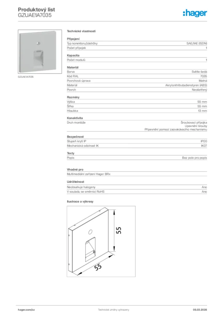 Obrázek Hager Product data sheet GZUAE1A7035 | Hager