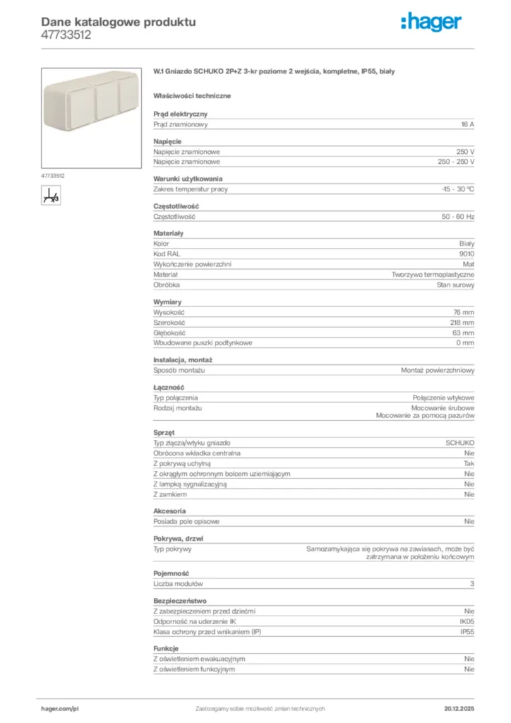 Zdjęcie Hager Dane katalogowe produktu 47733512 | Hager Polska